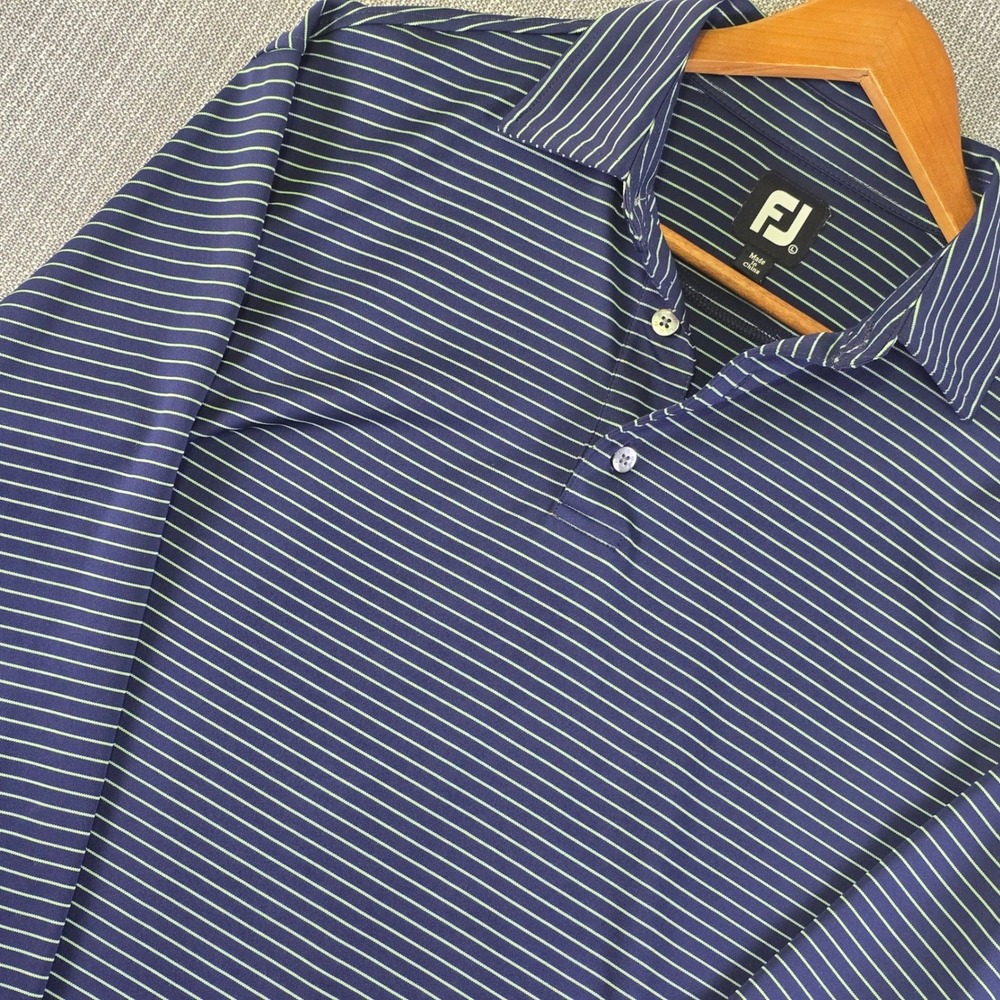 FootJoy Performance Golf Polo Mens L Navy Blue Lime Green Stretch Long Sleeve